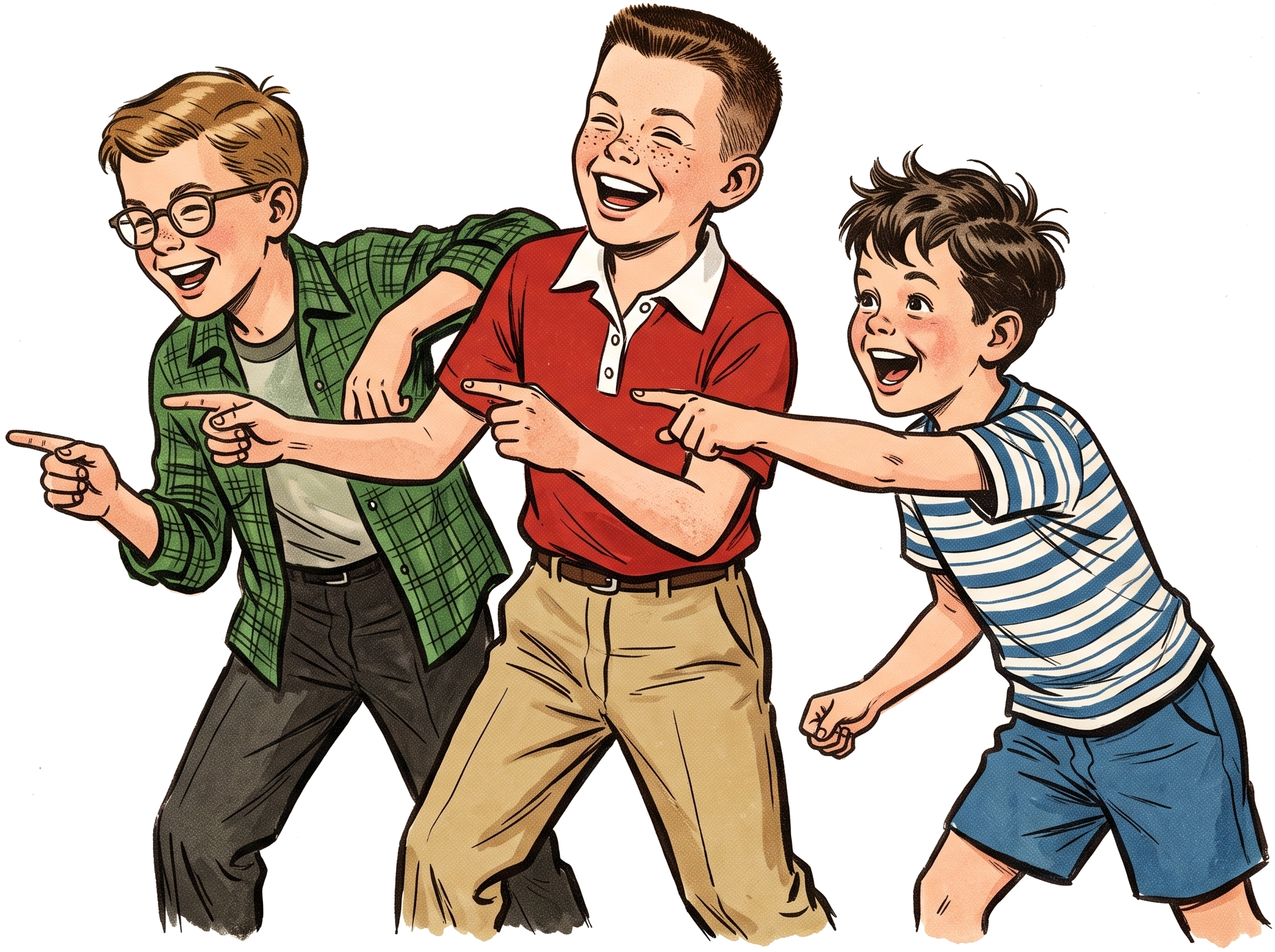 Three boys laughing and pointing at the anti-shame guarantee